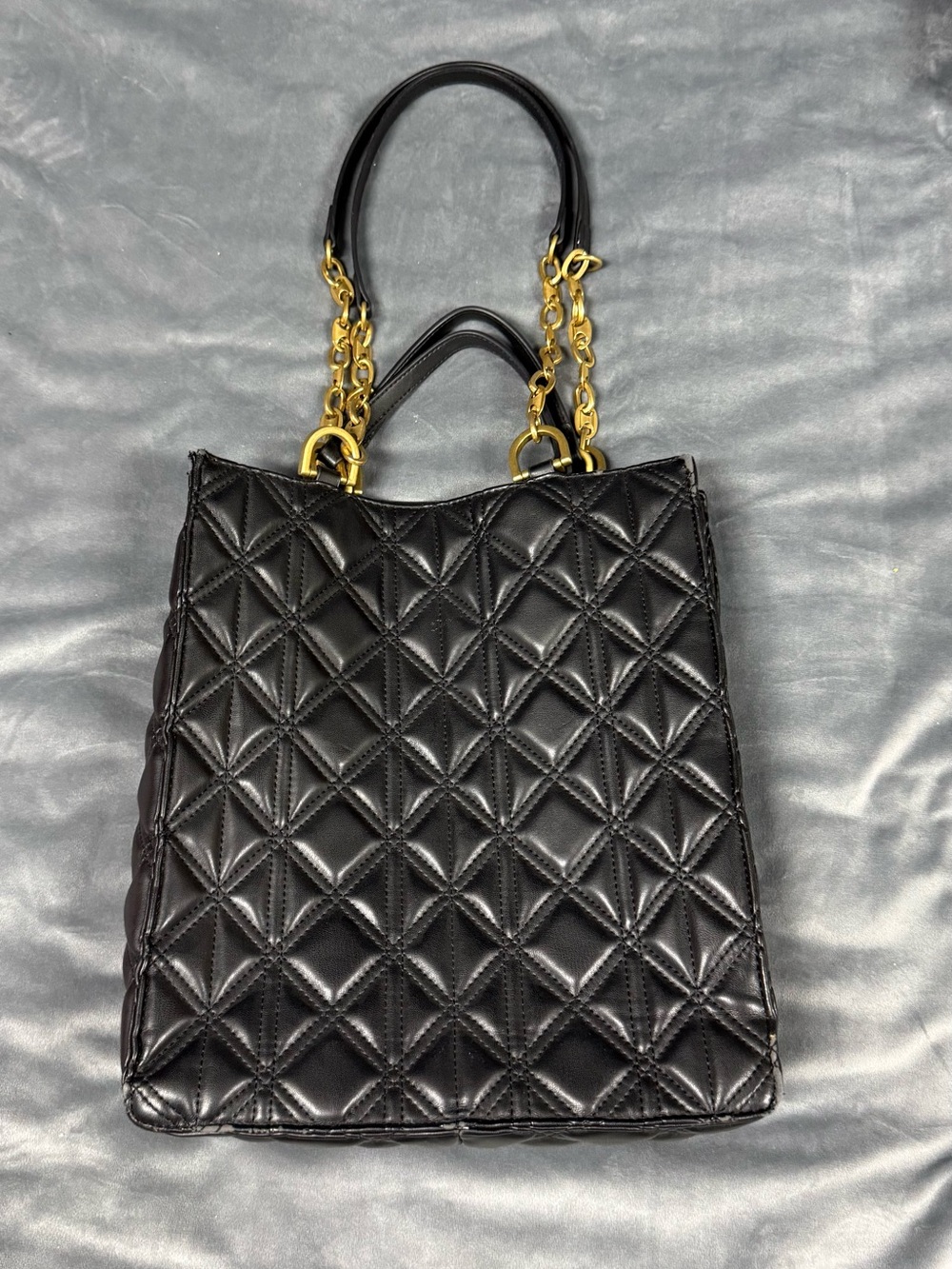 Quilted Black Leather Tote with Gold Chain Handles